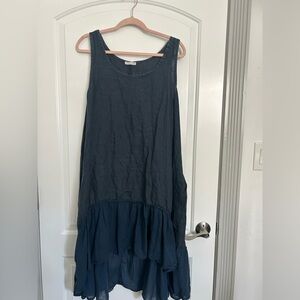 Made in Italy Flowy Tiered 100% linen Blue Dress Ruffle Hem size M Laggenlook